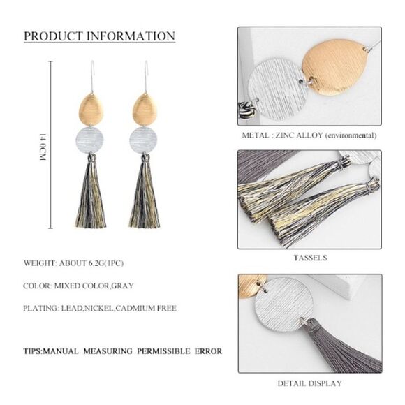 Tassel Metallic Silver Gold Tone Drop Earrings NWT - Picture 7 of 8
